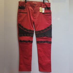 Robin's Jean The Show Moto Biker Embellished Zippers Studded Red 40 X 34 NWT